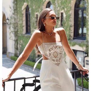 DANIELLE BERNSTEIN Handkerchief Top White Cream Gold Wrap Tie Sun Large